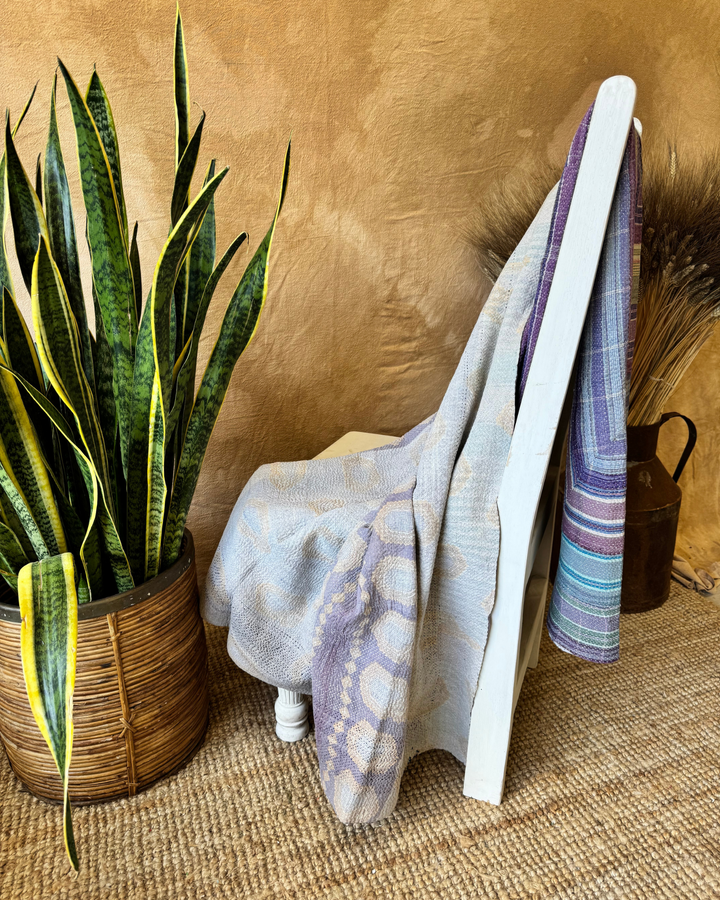 Vintage Hand-Embroidered Kantha Throw – Indigo &amp; Ochre Motif Sari Quilt
