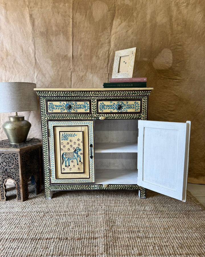 Hand-Painted Mango Wood Sideboard – Vintage Floral &amp; Animal Motifs