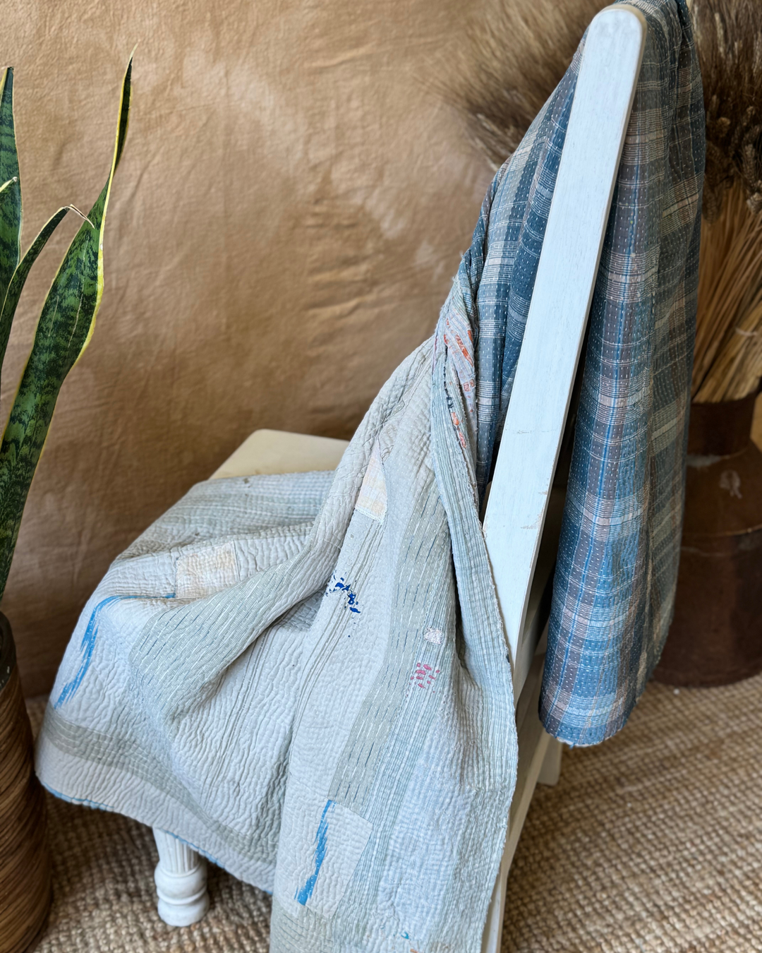 Vintage Hand-Embroidered Kantha Throw – Soft Grey &amp; Slate Sari Patchwork