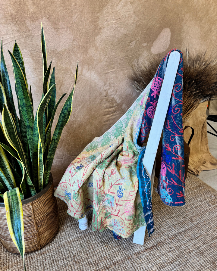 Vintage Hand-Embroidered Kantha Throw – Midnight Blue Sari with Red &amp; Aqua Florals