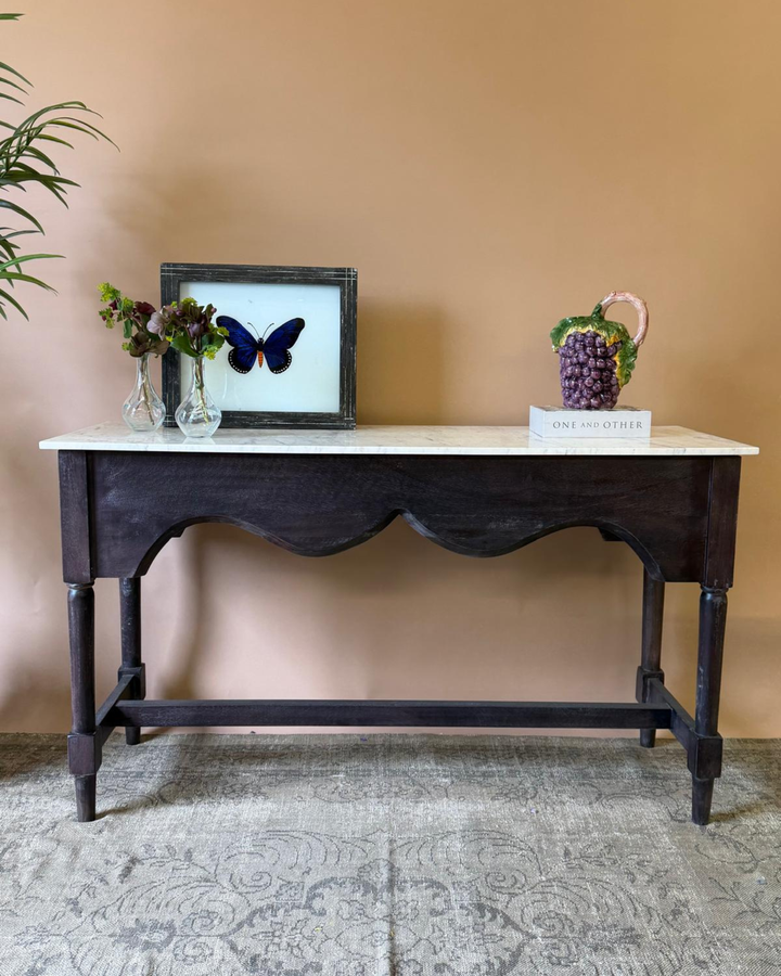Dark Washed Mango Wood Console Table with White Marble Top