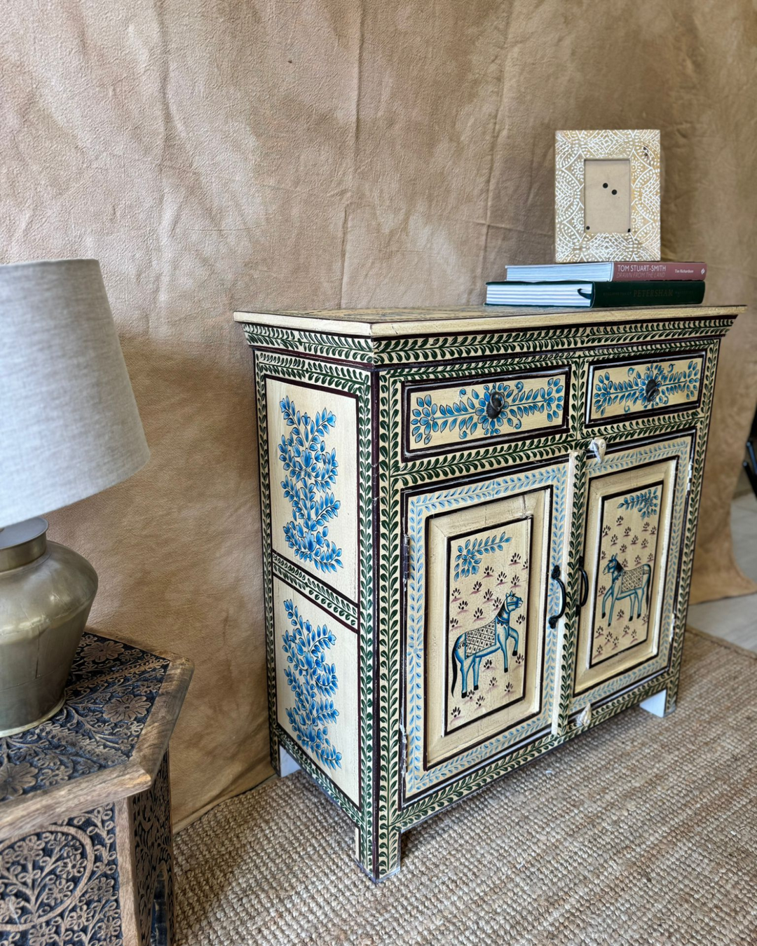 Hand-Painted Mango Wood Sideboard – Vintage Floral &amp; Animal Motifs