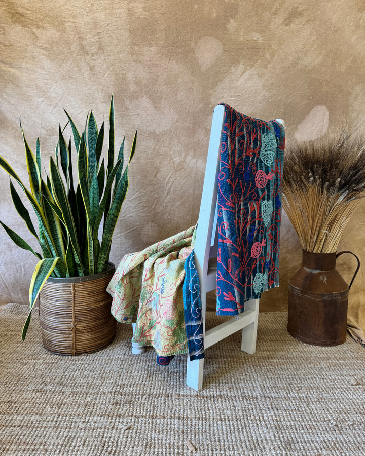 Vintage Hand-Embroidered Kantha Throw – Midnight Blue Sari with Red &amp; Aqua Florals
