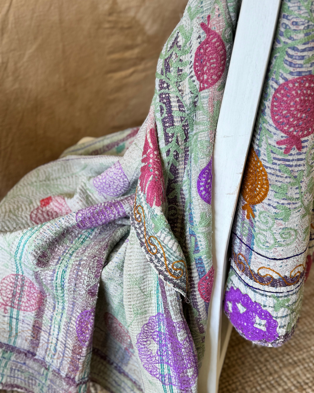 Vintage Hand-Embroidered Kantha Throw – Botanical Stripe Sari in Lilac, Green &amp; Plum