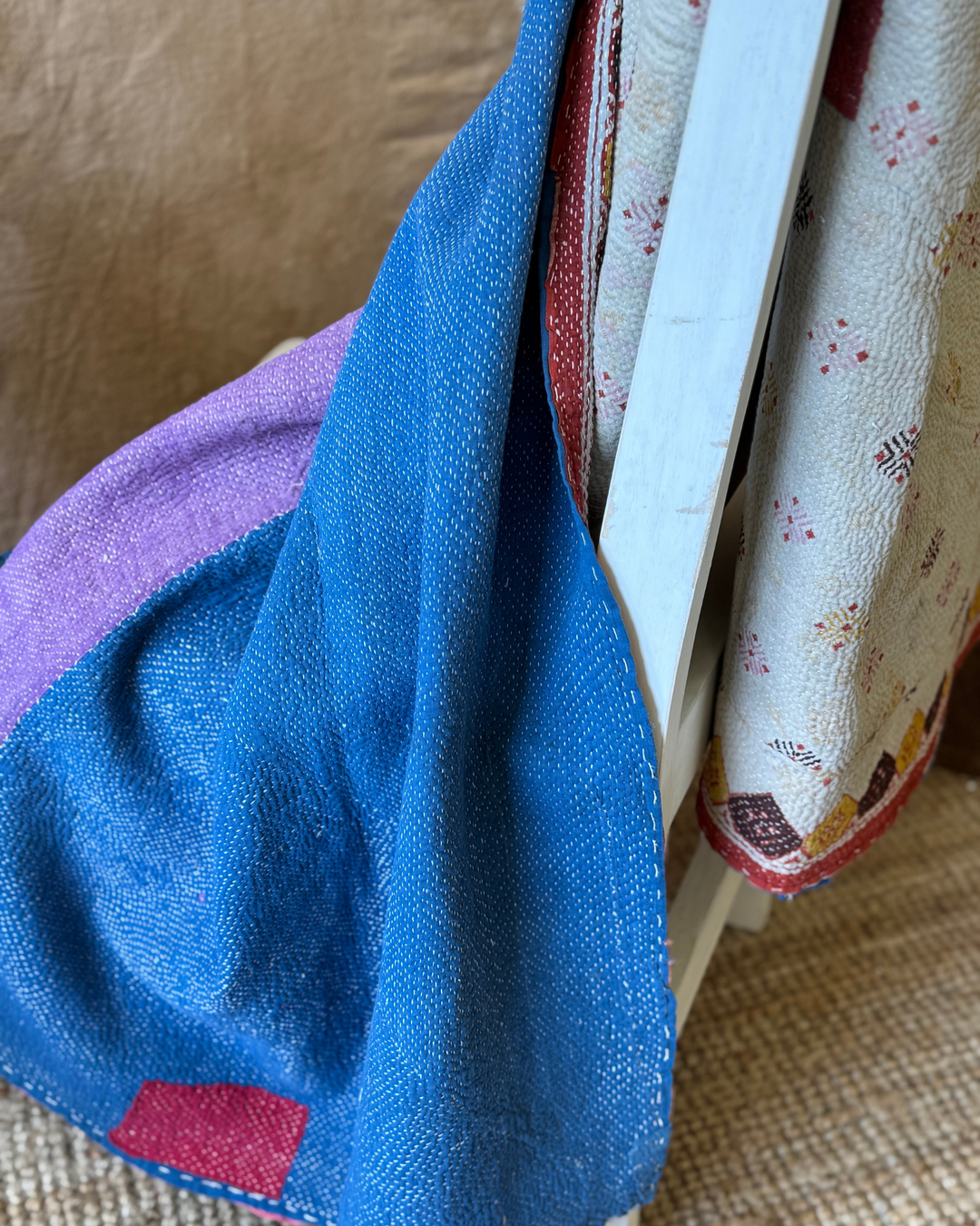 Vintage Hand-Embroidered Kantha Throw – Embroidered Sari in Cream with Indigo &amp; Ochre Accents