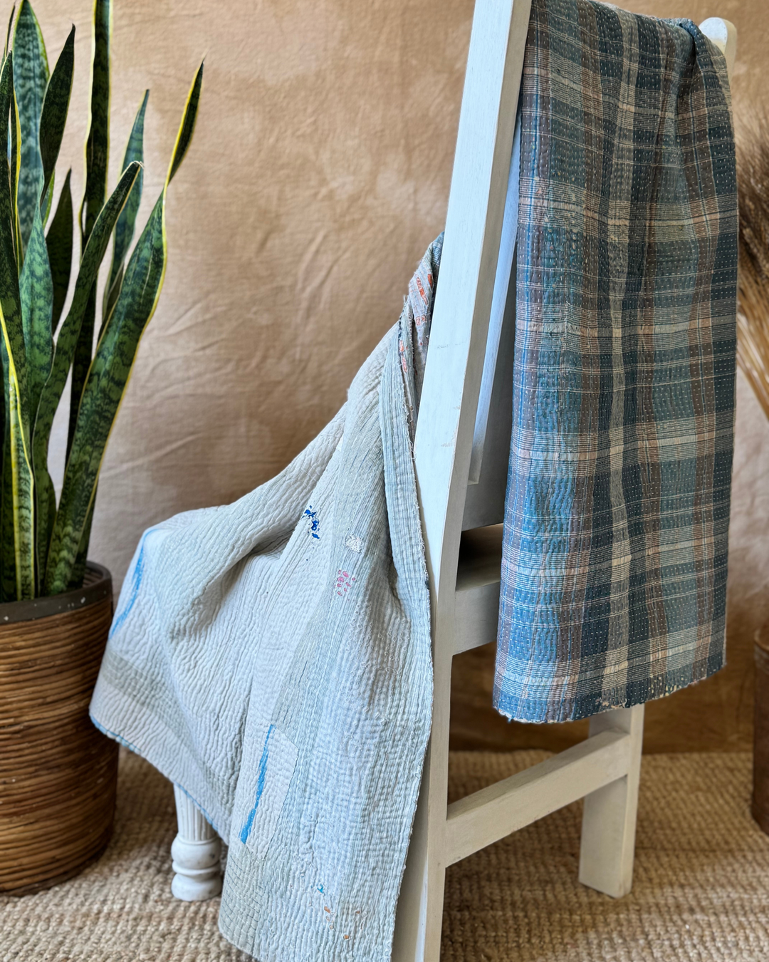 Vintage Hand-Embroidered Kantha Throw – Soft Grey &amp; Slate Sari Patchwork
