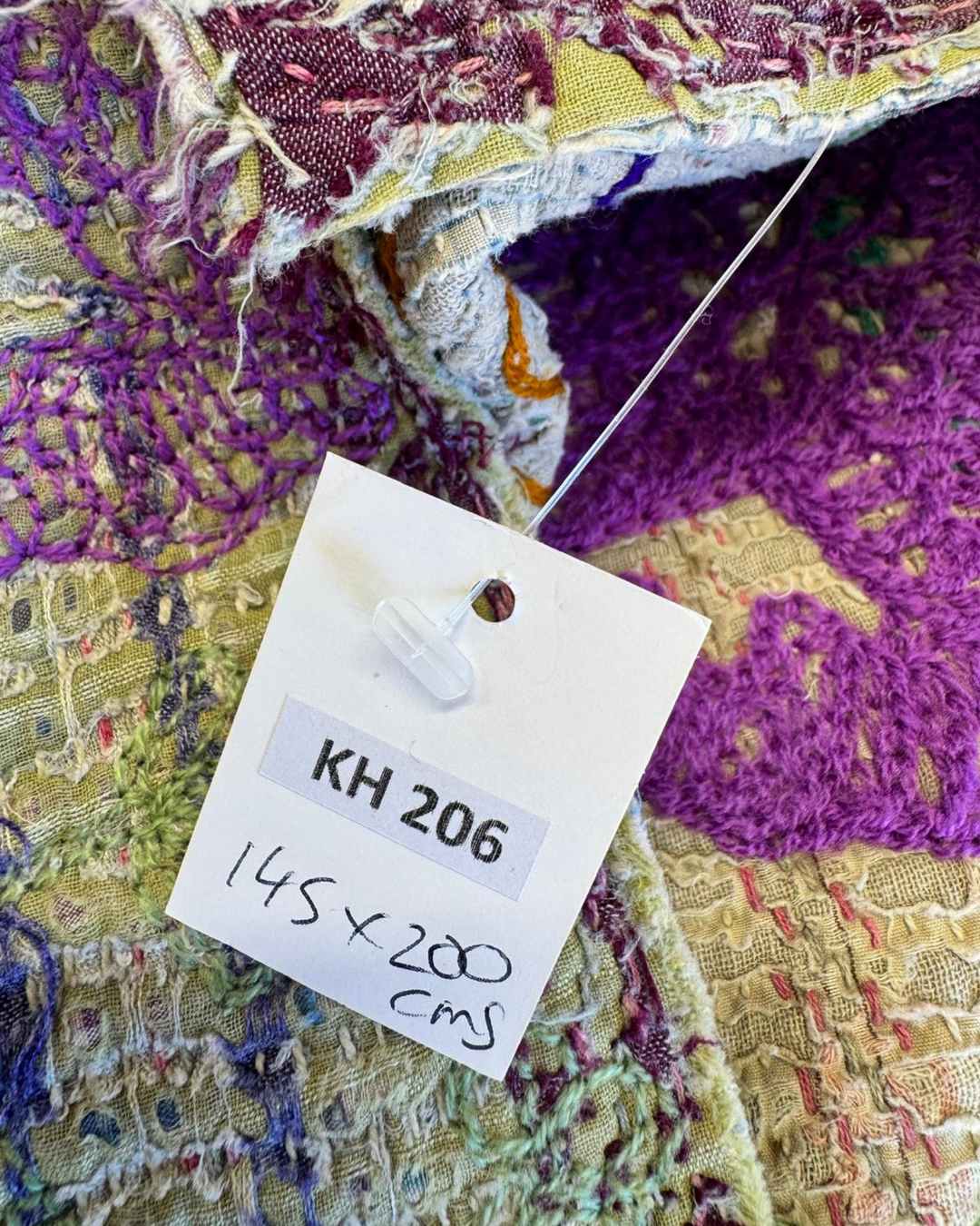 Vintage Hand-Embroidered Kantha Throw – Botanical Stripe Sari in Lilac, Green &amp; Plum