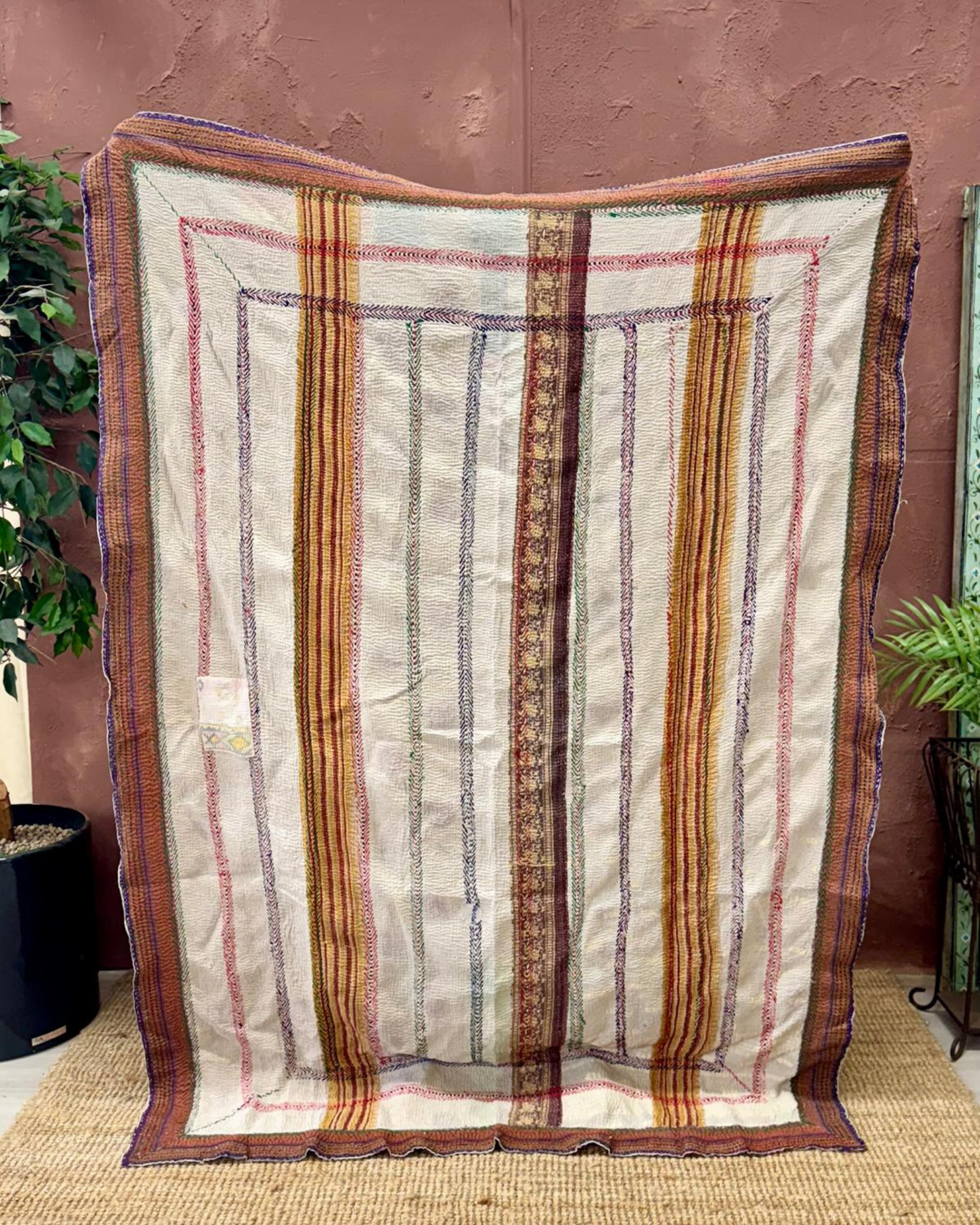 Vintage Hand-Embroidered Kantha Throw – Botanical Stripe Sari in Lilac, Green &amp; Plum