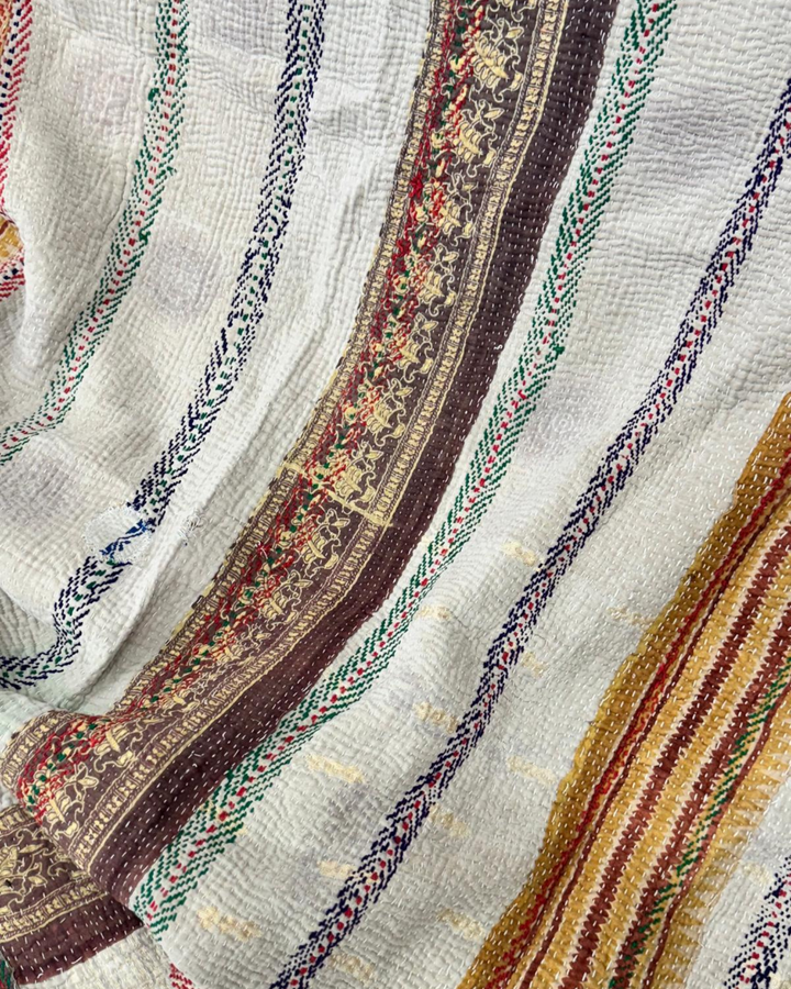 Vintage Hand-Embroidered Kantha Throw – Botanical Stripe Sari in Lilac, Green &amp; Plum