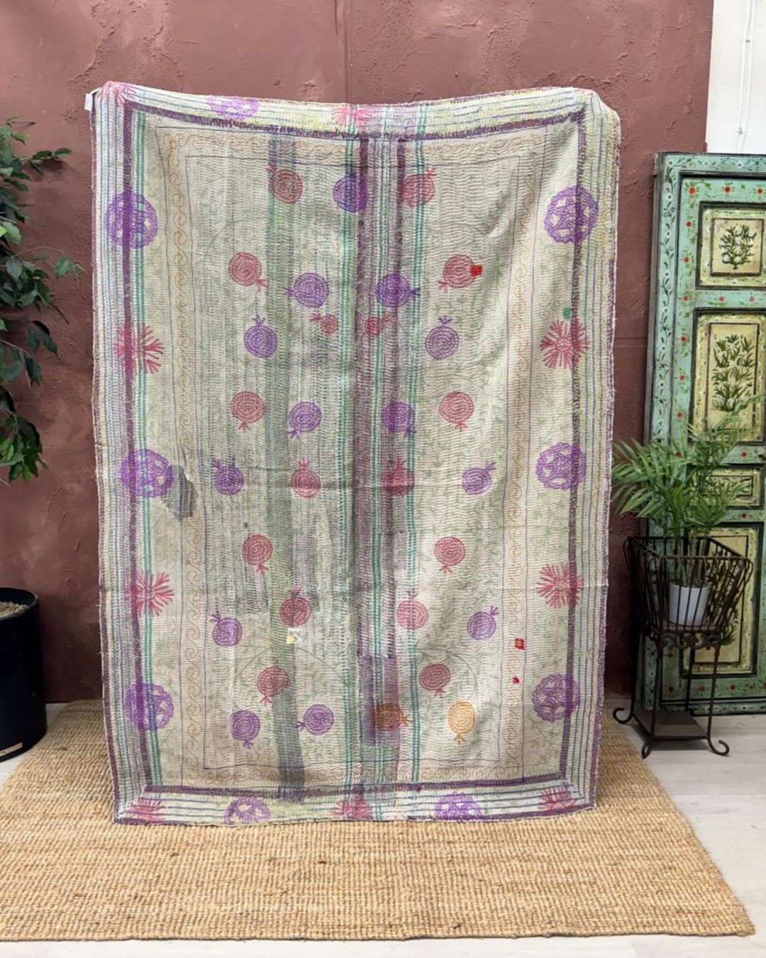 Vintage Hand-Embroidered Kantha Throw – Botanical Stripe Sari in Lilac, Green &amp; Plum