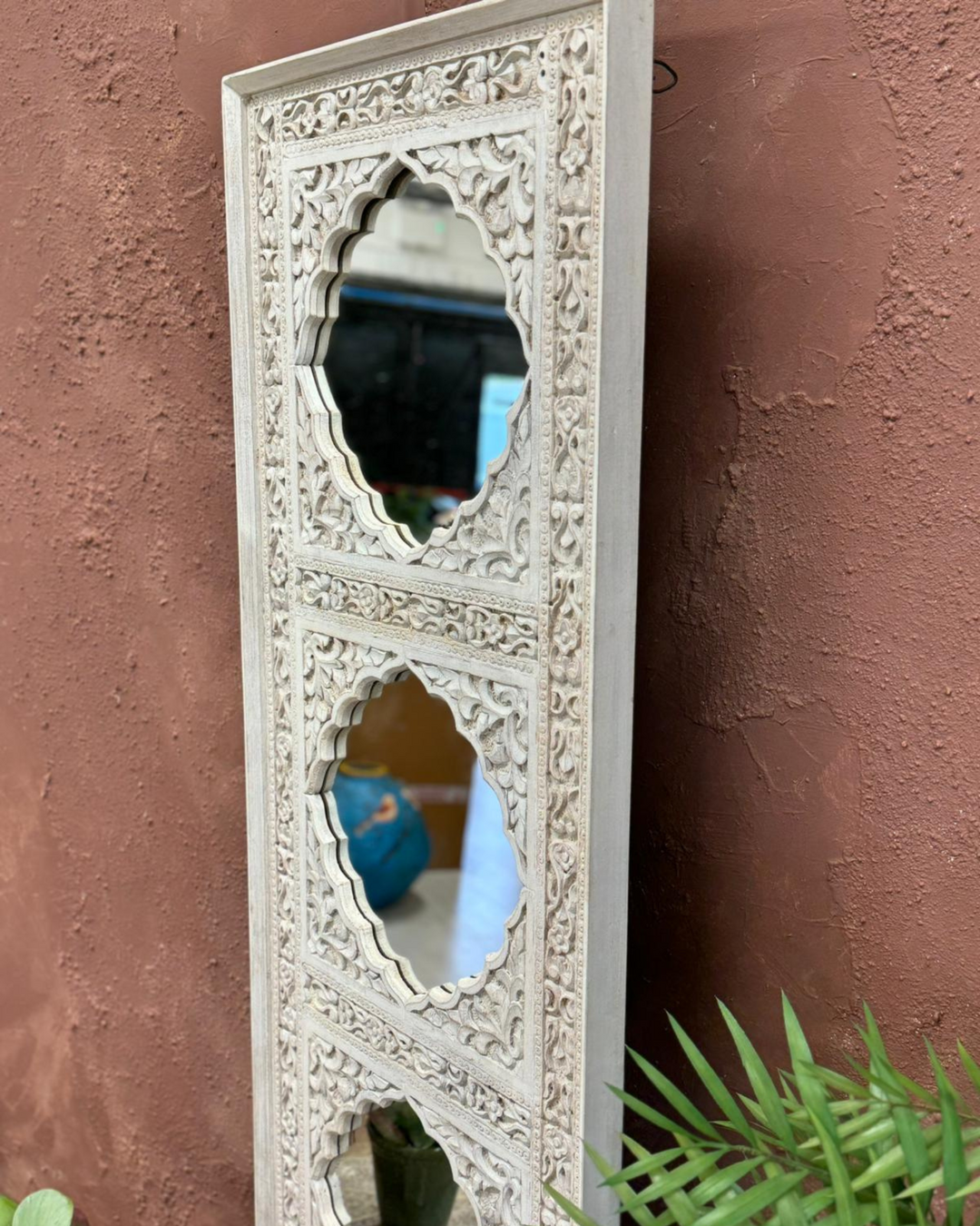 Large Hand-Carved Mango Wood Wall Mirror – Traditional Indian Motifs