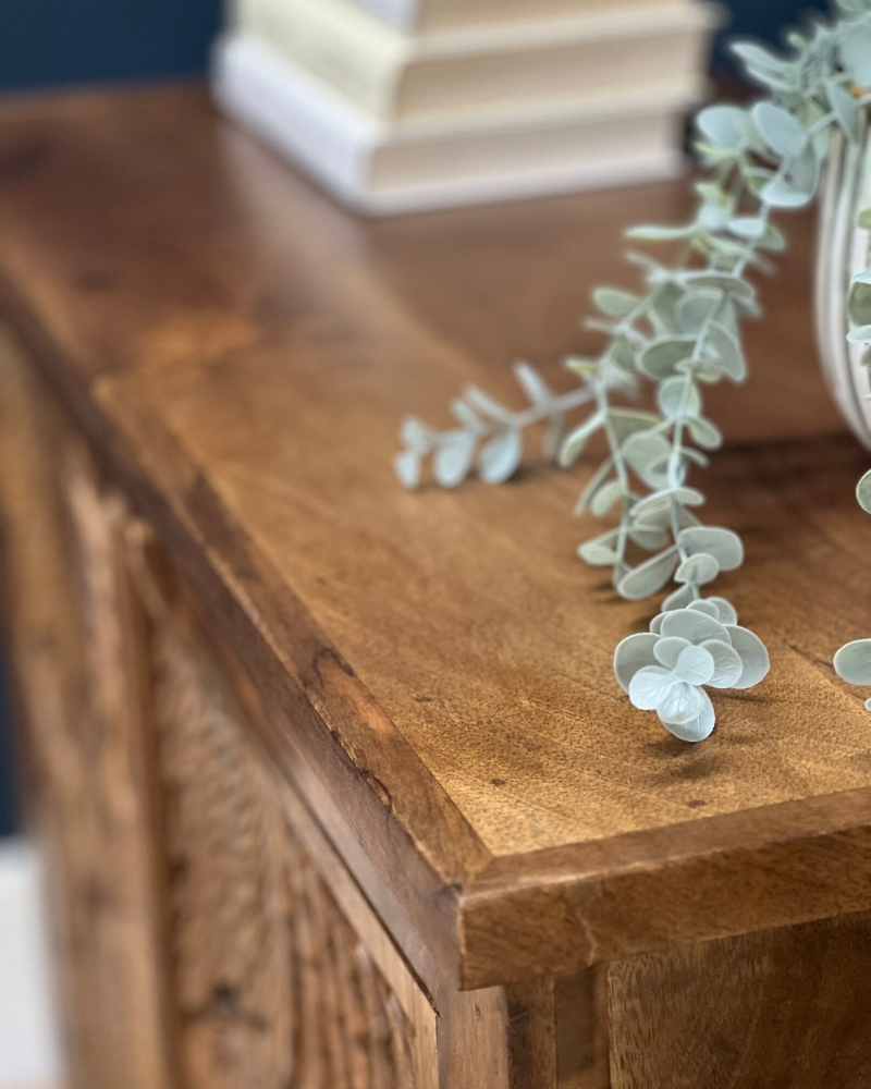 Aparador de madera de mango tallada con pavo real de dos puertas hecho a mano