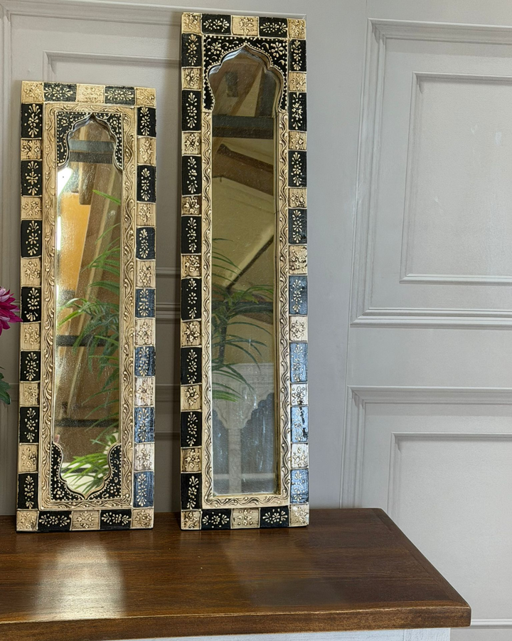 Pair of Hand-Painted Vintage Reclaimed Mango Wood Mirrors – Hand-Carved Arched Frames (60 x 25 cm)