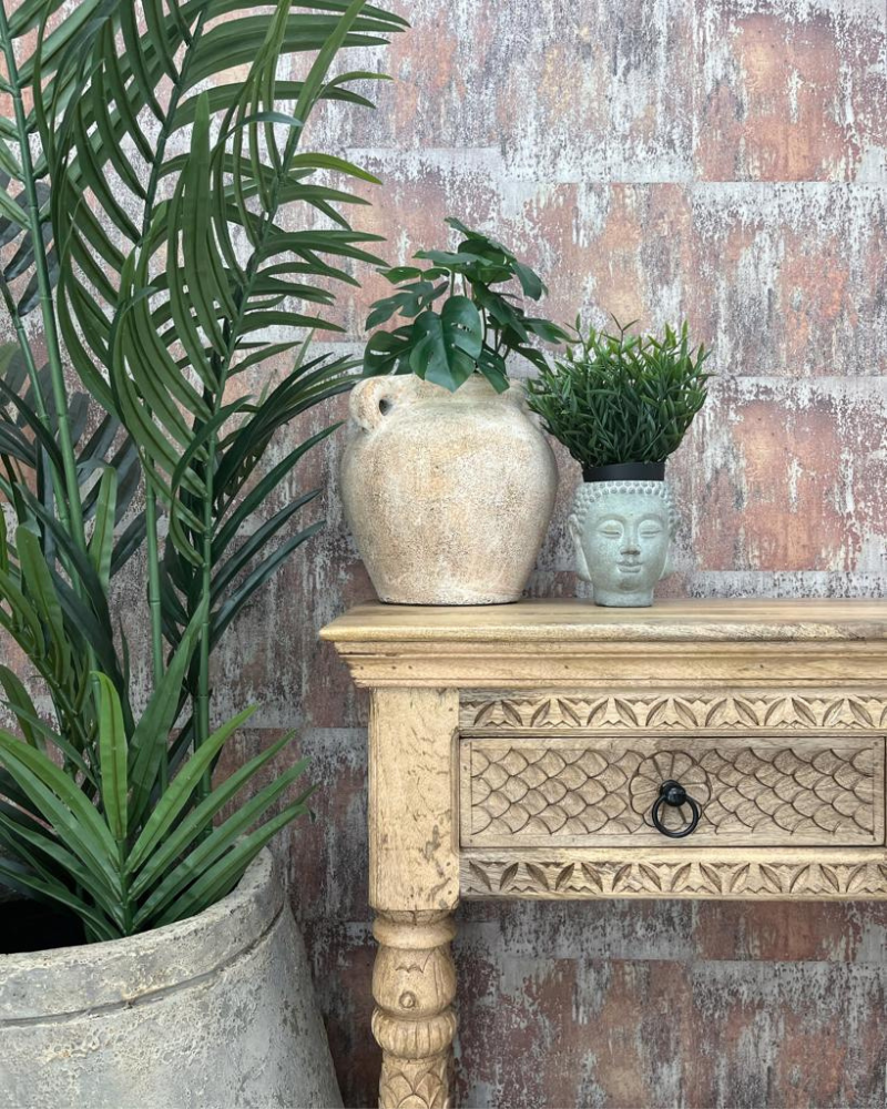 Close up of console table with decorations