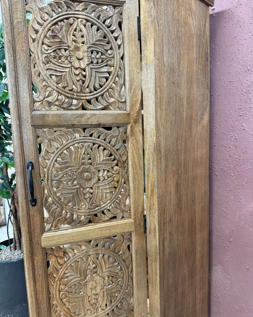 Hand-Carved Mango Wood Armoire with Circular Floral Design – Natural Finish
