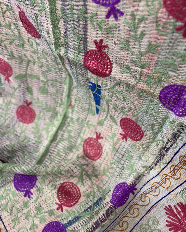 Vintage Hand-Embroidered Kantha Throw – Botanical Stripe Sari in Lilac, Green &amp; Plum