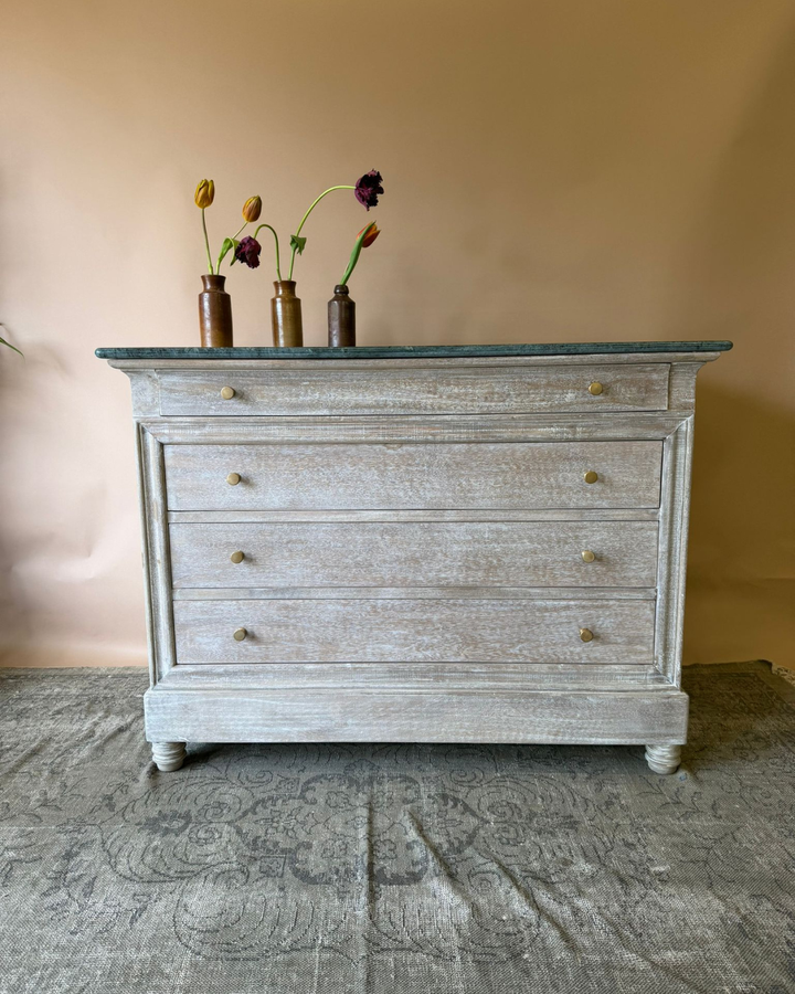 Large Whitewashed Mango Wood Chest of Drawers with Dark Green Marble Top