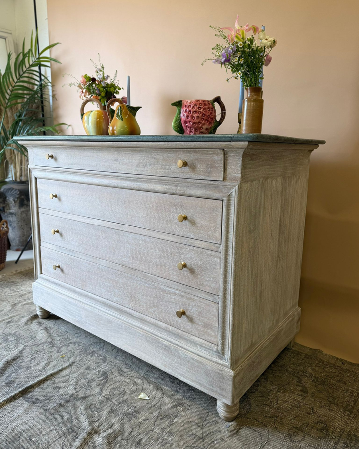 Large Whitewashed Mango Wood Chest of Drawers with Dark Green Marble Top