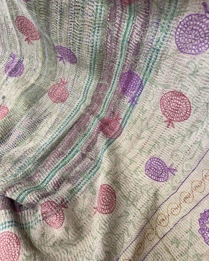 Vintage Hand-Embroidered Kantha Throw – Botanical Stripe Sari in Lilac, Green &amp; Plum