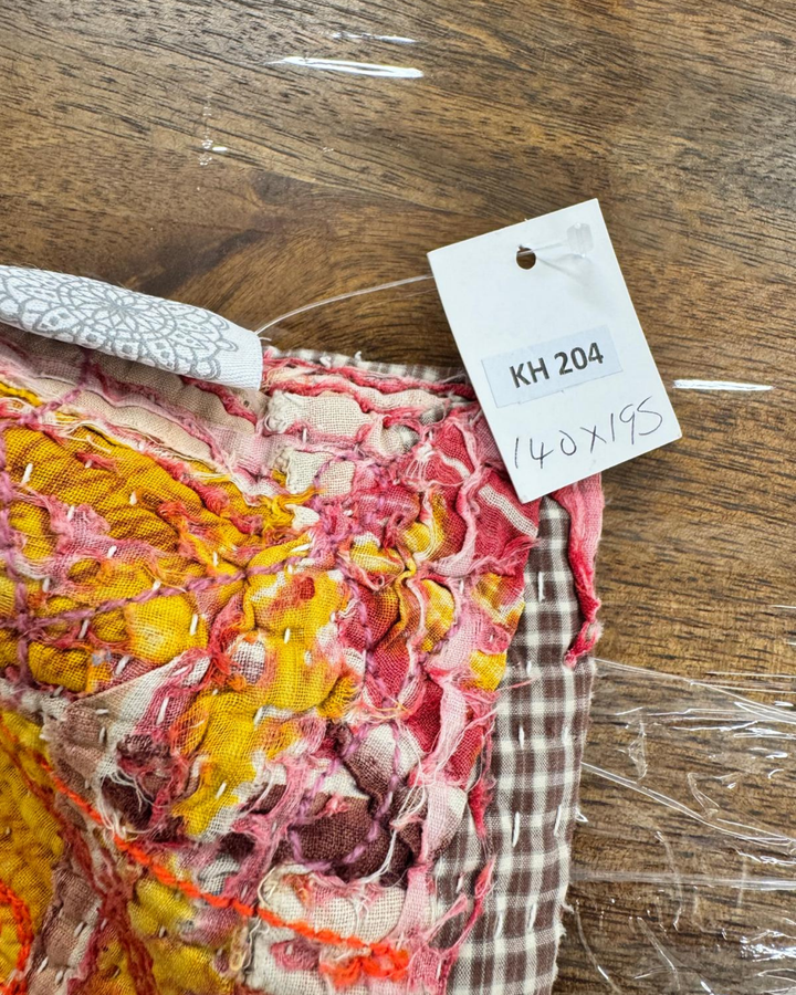Vintage Hand-Embroidered Kantha Throw – Pomegranate Motif in Deep Brown &amp; Fiery Orange