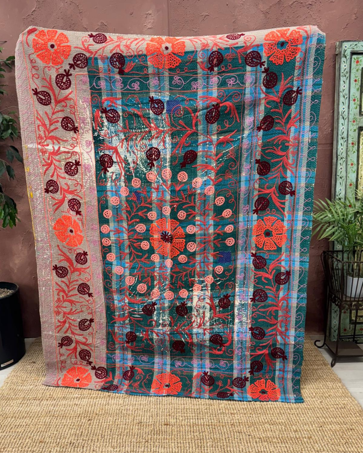 Vintage Hand-Embroidered Kantha Throw – Pomegranate Motif in Deep Brown &amp; Fiery Orange
