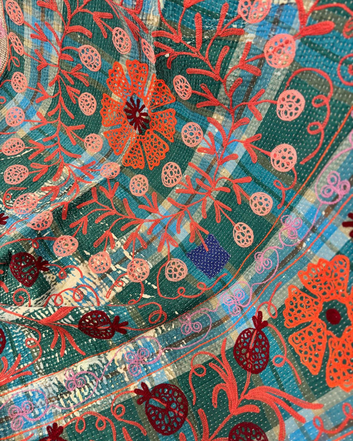 Vintage Hand-Embroidered Kantha Throw – Pomegranate Motif in Deep Brown &amp; Fiery Orange