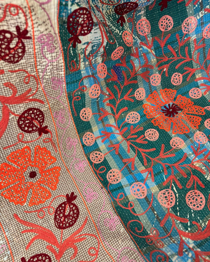 Vintage Hand-Embroidered Kantha Throw – Pomegranate Motif in Deep Brown &amp; Fiery Orange