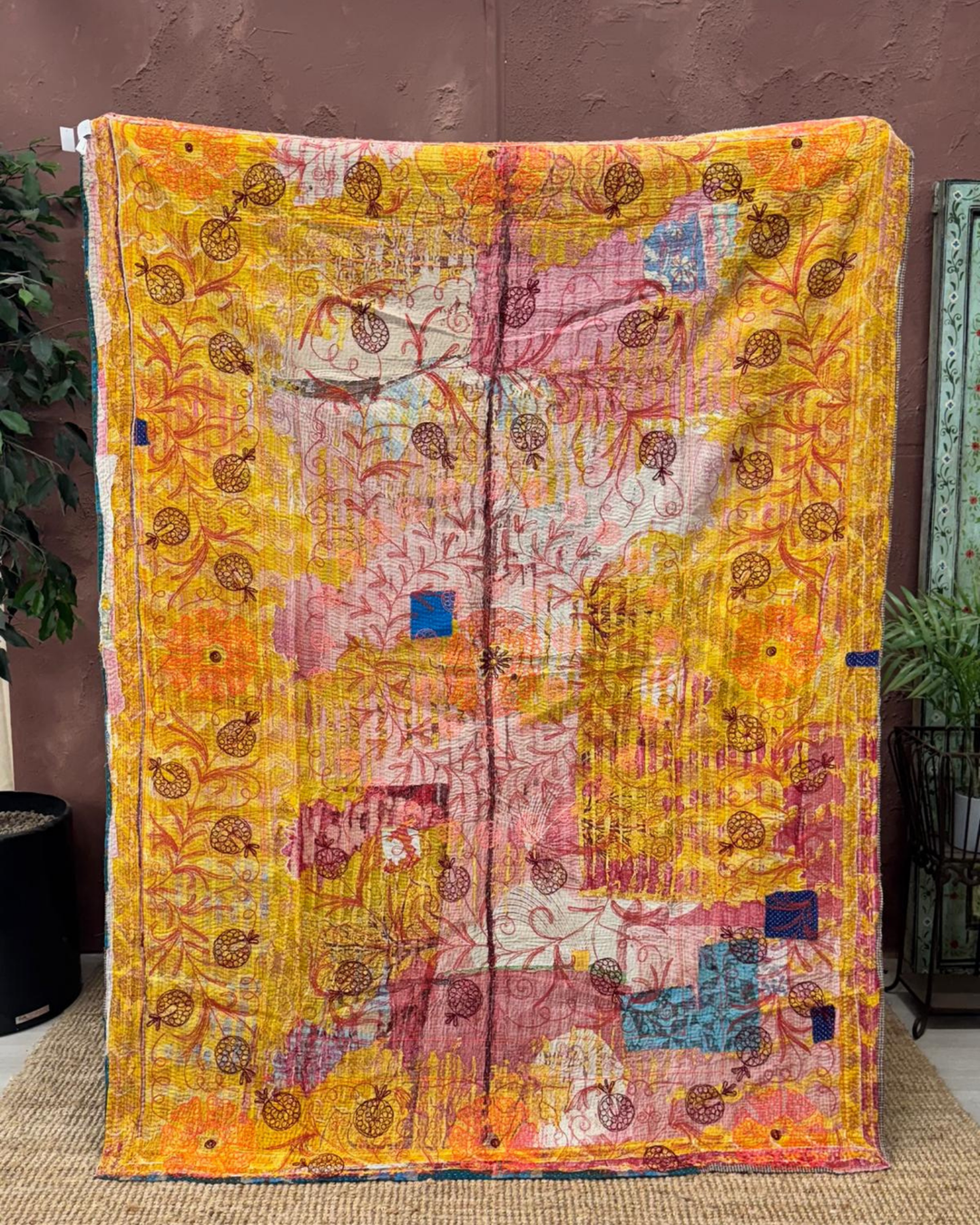 Vintage Hand-Embroidered Kantha Throw – Pomegranate Motif in Deep Brown &amp; Fiery Orange