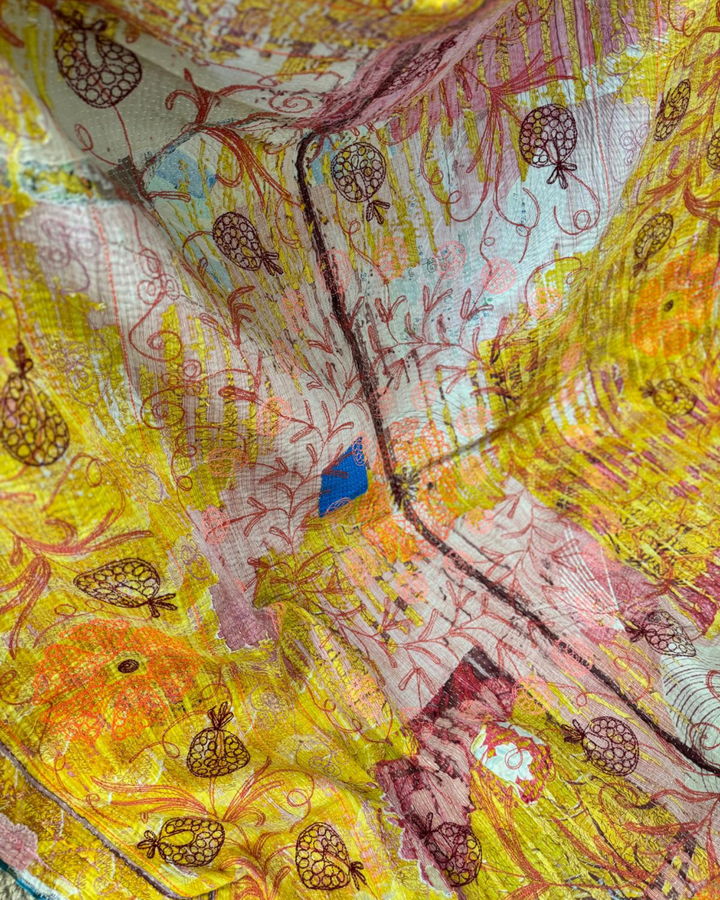Vintage Hand-Embroidered Kantha Throw – Pomegranate Motif in Deep Brown &amp; Fiery Orange