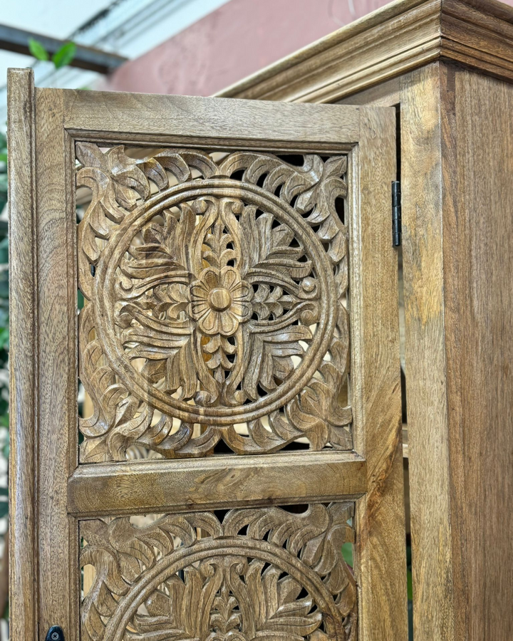 Hand-Carved Mango Wood Armoire with Circular Floral Design – Natural Finish