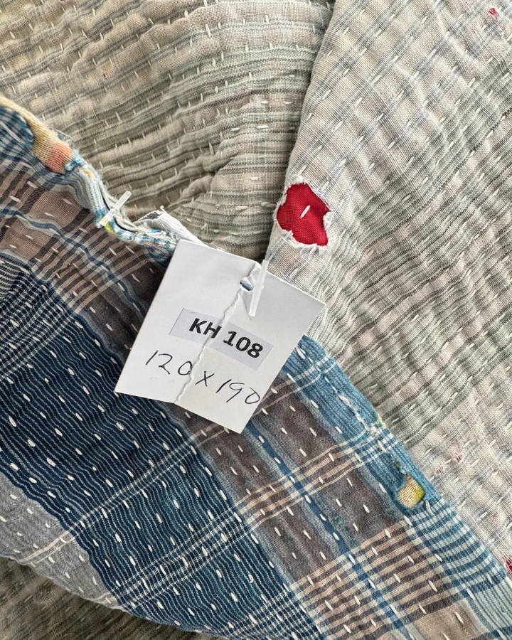 Vintage Hand-Embroidered Kantha Throw – Soft Grey &amp; Slate Sari Patchwork
