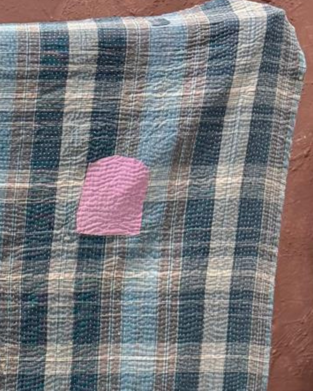 Vintage Hand-Embroidered Kantha Throw – Soft Grey &amp; Slate Sari Patchwork