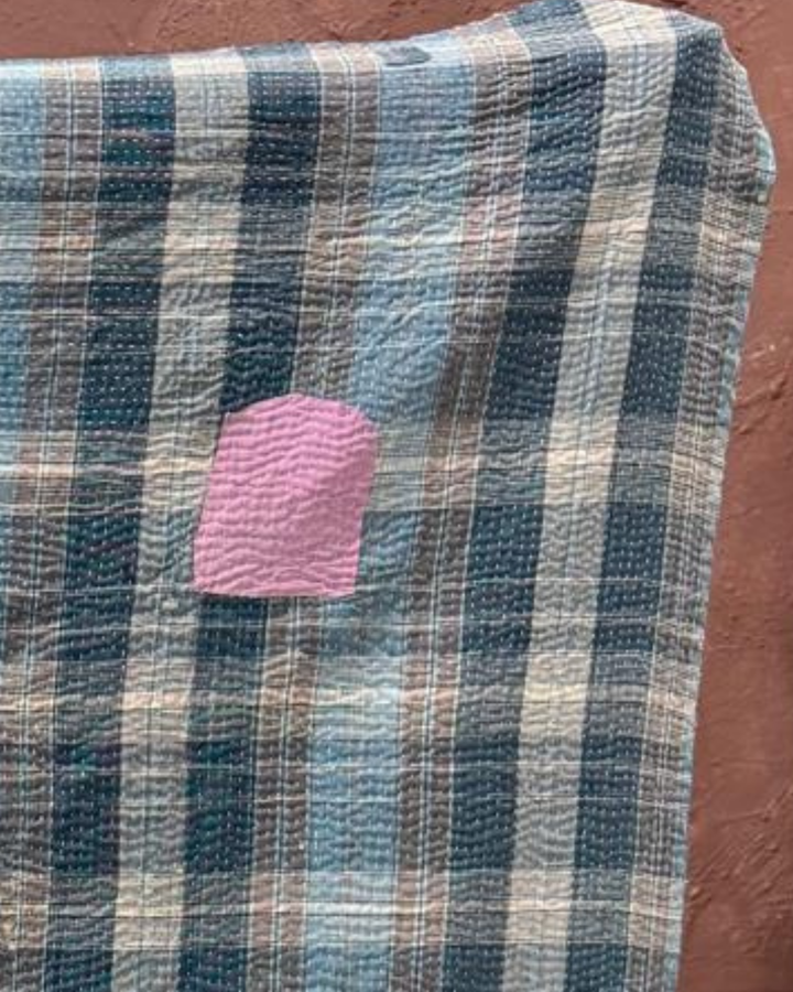 Vintage Hand-Embroidered Kantha Throw – Soft Grey &amp; Slate Sari Patchwork