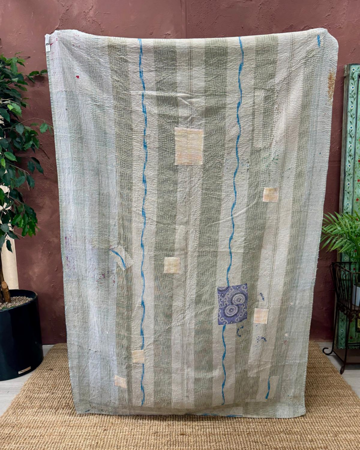 Vintage Hand-Embroidered Kantha Throw – Soft Grey &amp; Slate Sari Patchwork