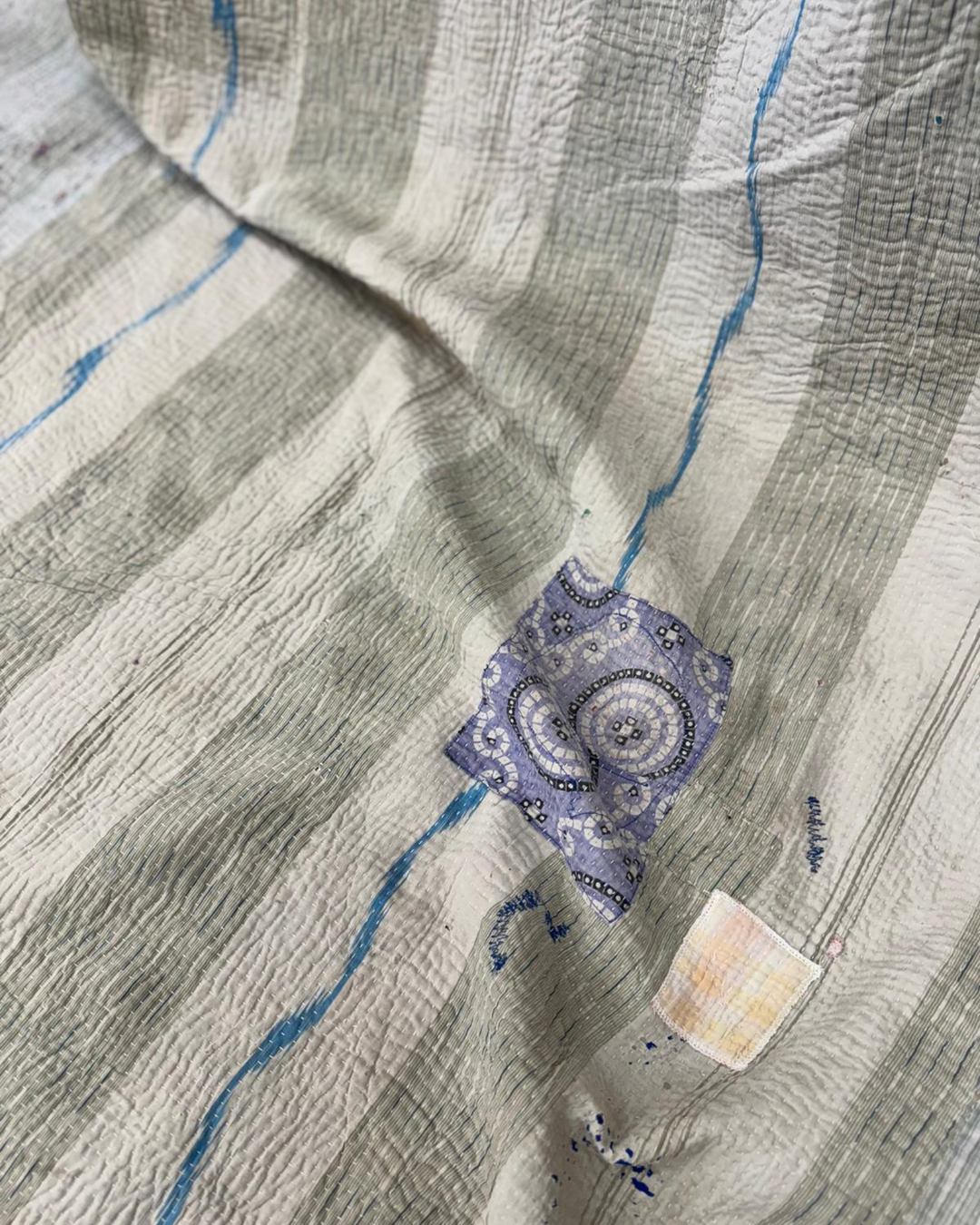 Vintage Hand-Embroidered Kantha Throw – Soft Grey &amp; Slate Sari Patchwork
