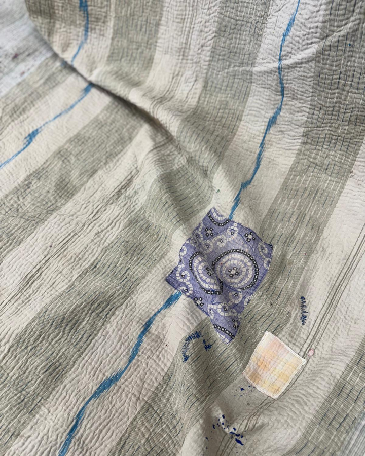 Vintage Hand-Embroidered Kantha Throw – Soft Grey &amp; Slate Sari Patchwork