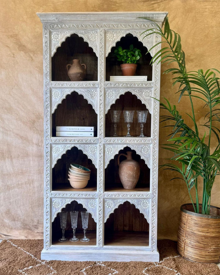 Hand-Carved Mango Wood Bookcase – Cream-Washed Light Natural Finish with Arched Shelves