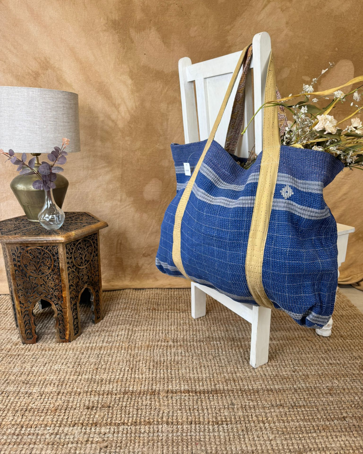 Handmade Upcycled Sari Tote Bag – Indigo Blue Stripe | Multi-Purpose Everyday &amp; Beach Bag