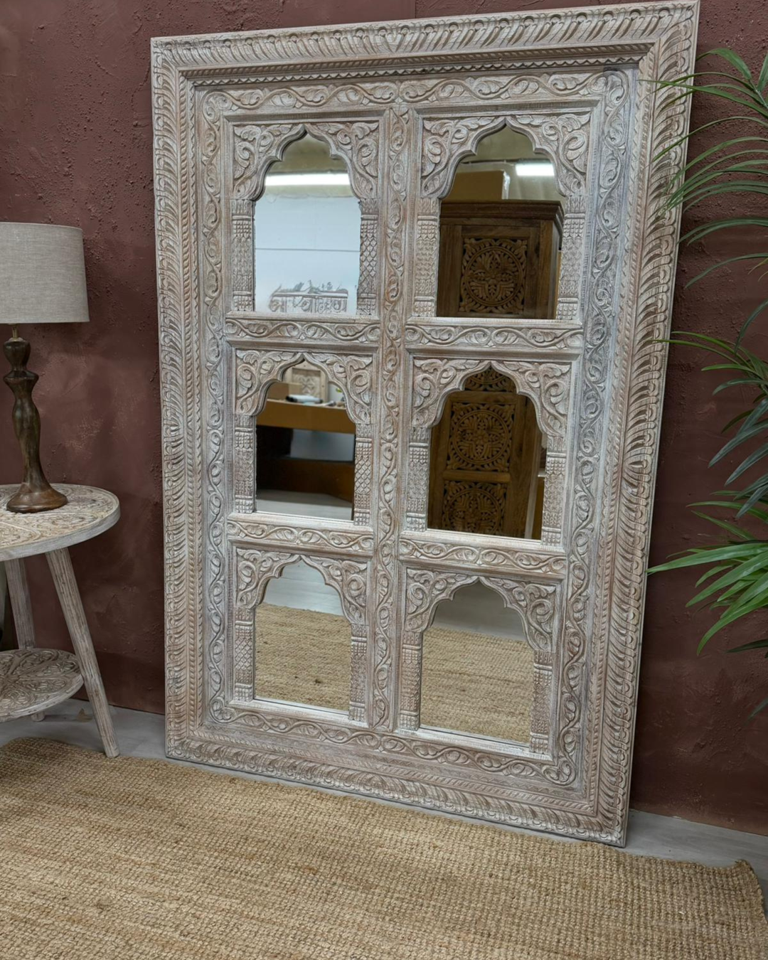 Six Panel Mango Wood Mirror – Creamwashed Archway Design