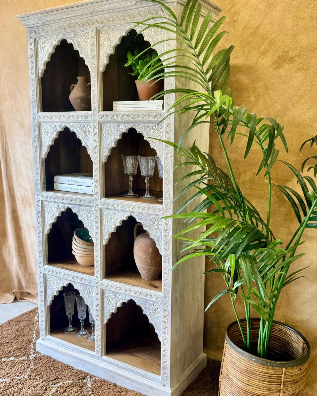 Hand-Carved Mango Wood Bookcase – Cream-Washed Light Natural Finish with Arched Shelves