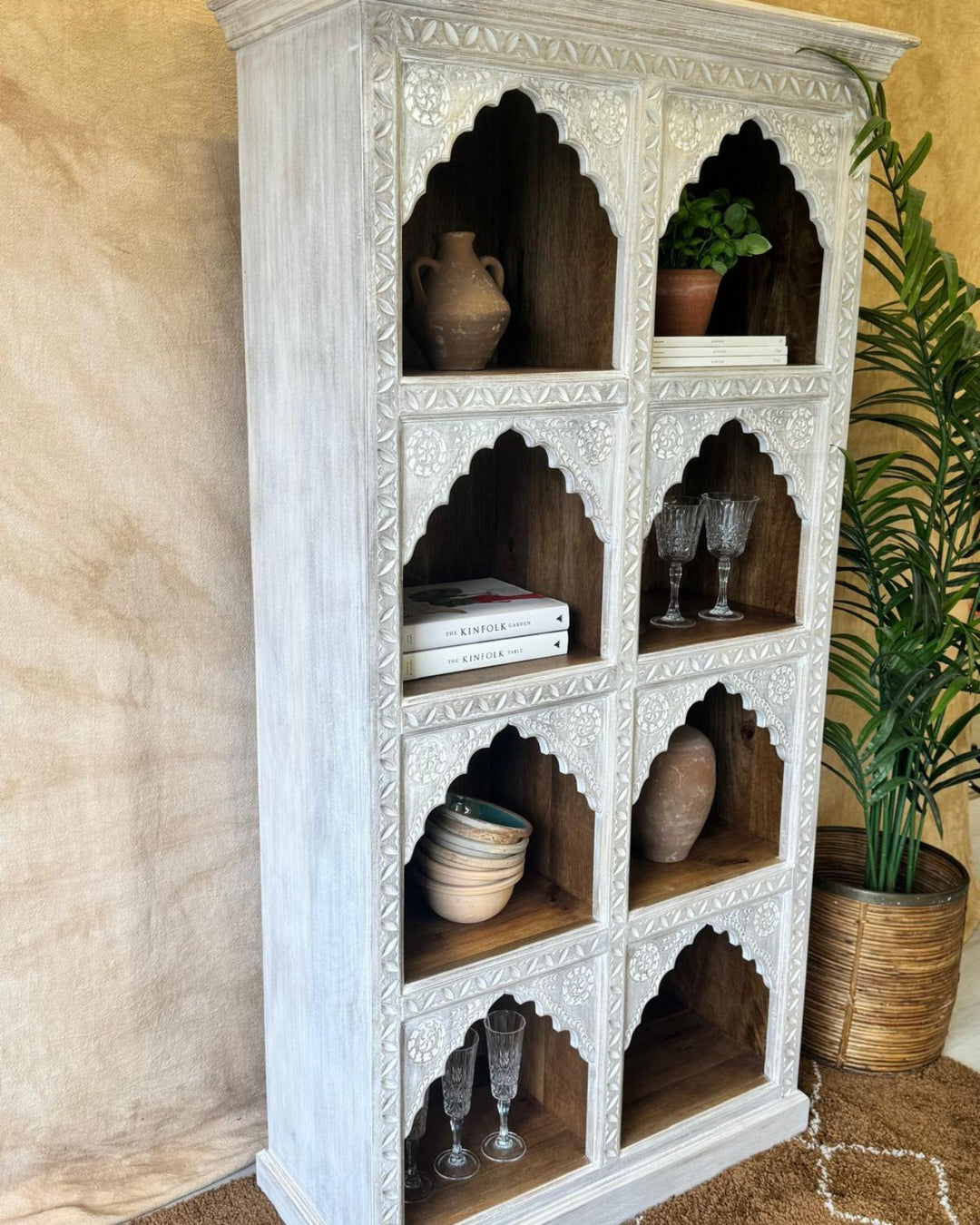 Hand-Carved Mango Wood Bookcase – Cream-Washed Light Natural Finish with Arched Shelves