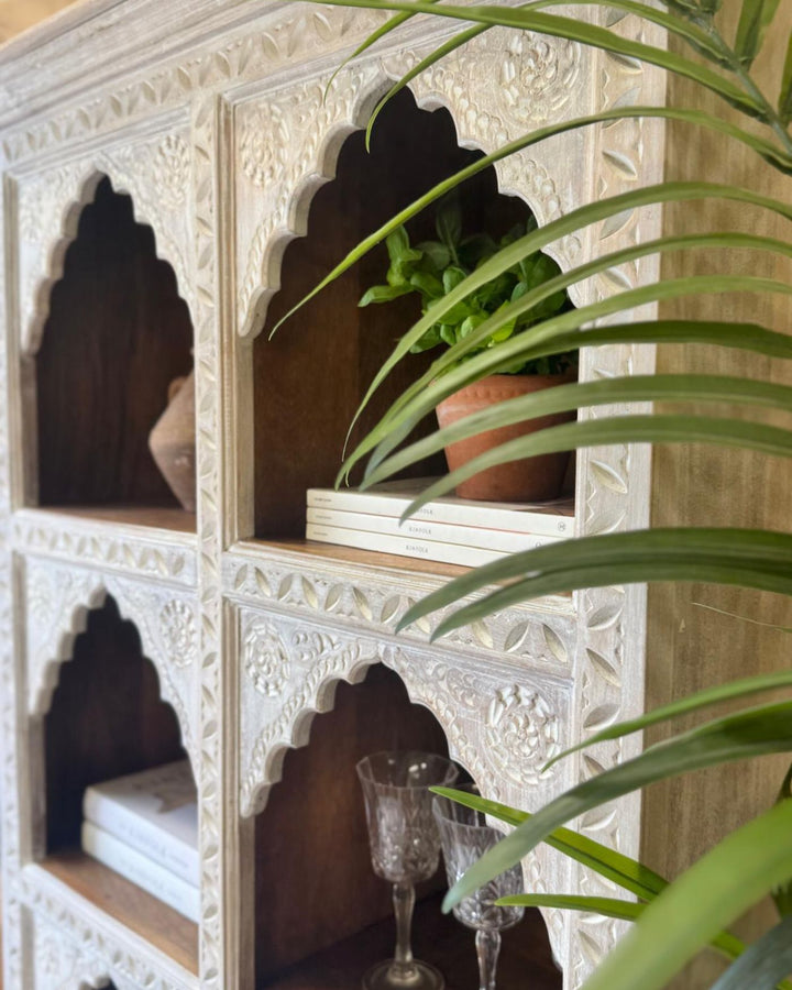 Hand-Carved Mango Wood Bookcase – Cream-Washed Light Natural Finish with Arched Shelves
