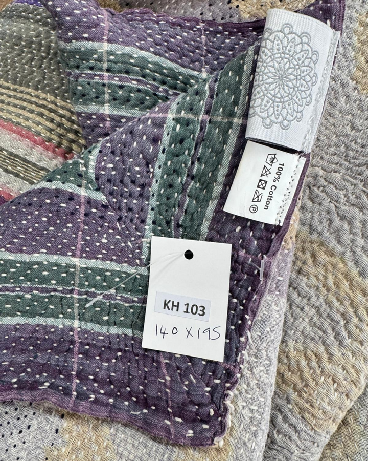 Vintage Hand-Embroidered Kantha Throw – Indigo &amp; Ochre Motif Sari Quilt