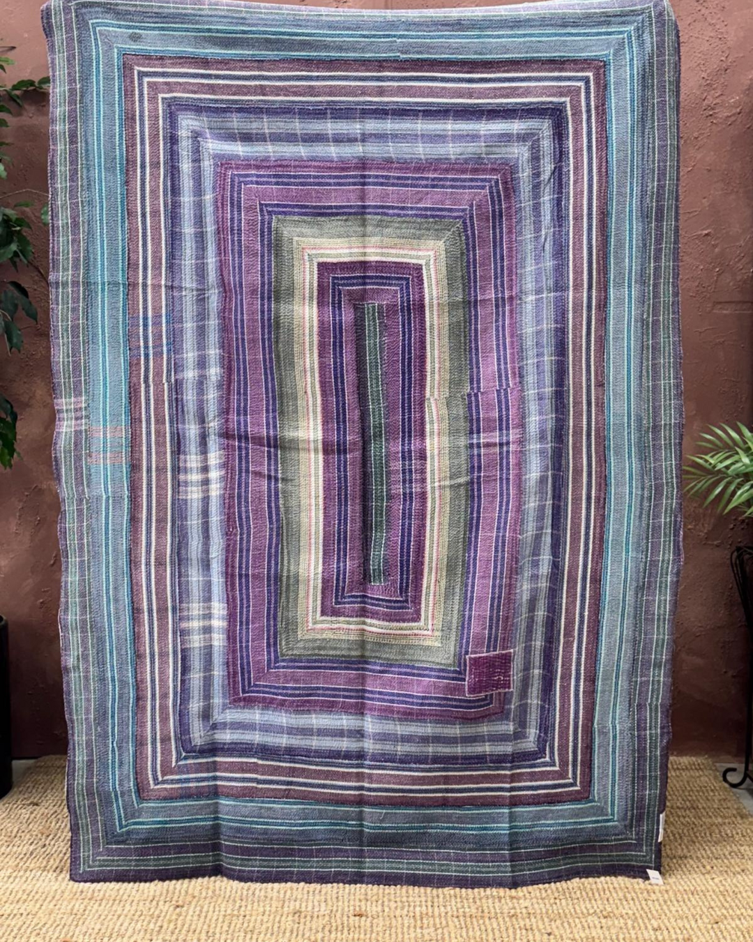 Vintage Hand-Embroidered Kantha Throw – Indigo &amp; Ochre Motif Sari Quilt
