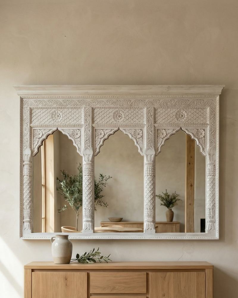 Hand-Carved Mango Wood Three Arch Mirror – Indian Petal &amp; Leaf Design
