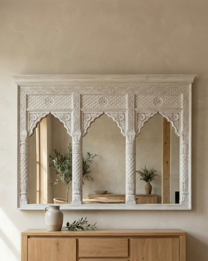 Hand-Carved Mango Wood Three Arch Mirror – Indian Petal &amp; Leaf Design