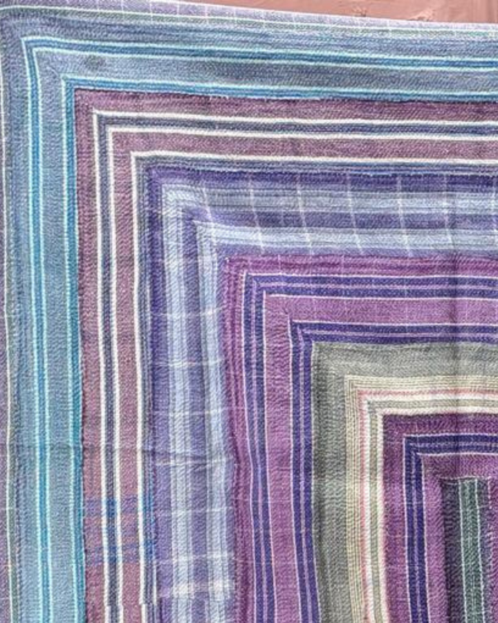 Vintage Hand-Embroidered Kantha Throw – Indigo &amp; Ochre Motif Sari Quilt