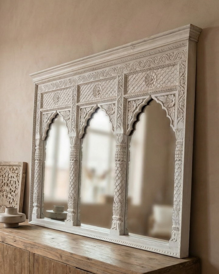 Hand-Carved Mango Wood Three Arch Mirror – Indian Petal &amp; Leaf Design