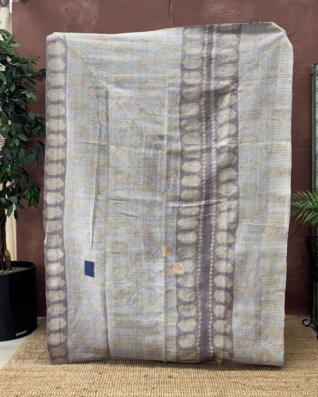 Vintage Hand-Embroidered Kantha Throw – Indigo &amp; Ochre Motif Sari Quilt