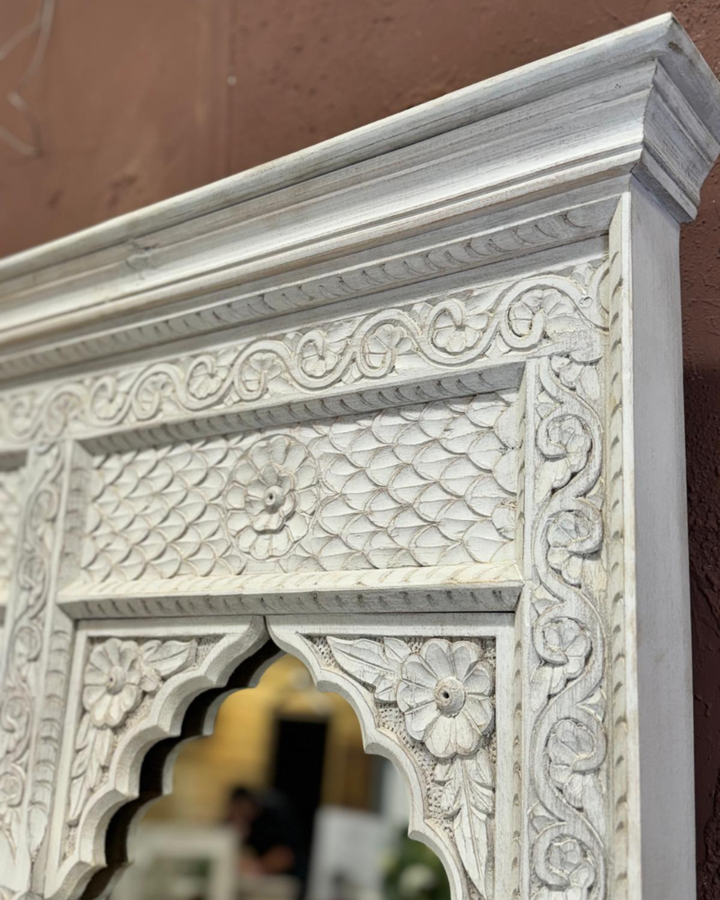 Hand-Carved Mango Wood Three Arch Mirror – Indian Petal &amp; Leaf Design
